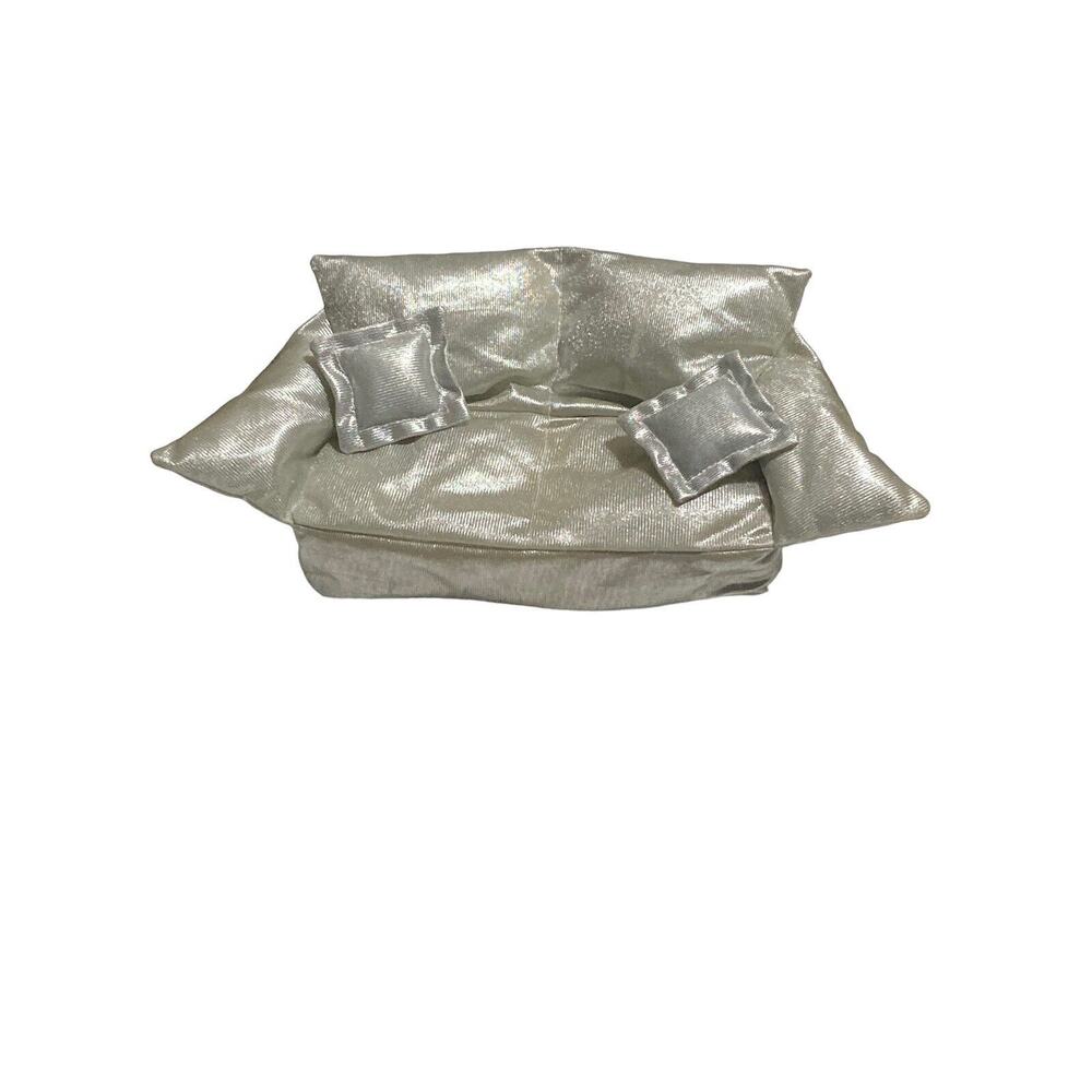 Vintage Polyfect Toys Silver Fabric Couch For Fashion Dolls Made in Hong Kong